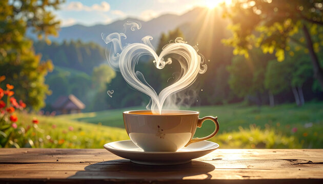 Steaming coffee cup outdoors