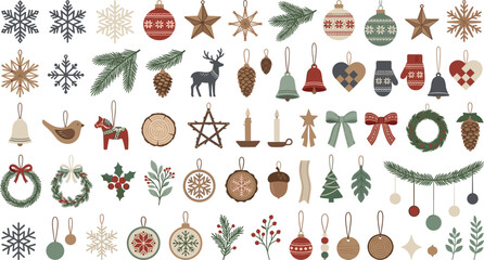 Cozy Scandinavian Christmas ornaments vector set featuring rustic hanging baubles snowflakes reindeer and wooden star decorations © Md