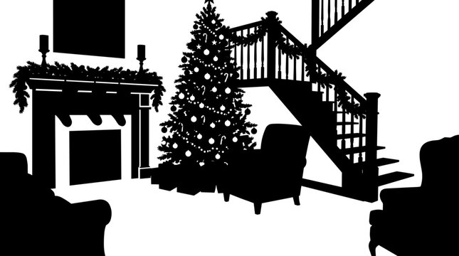 Silhouette of a living room decorated for Christmas with a tree and fireplace