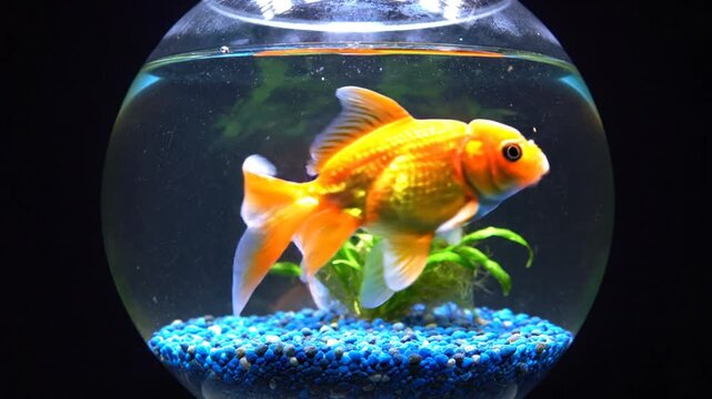 Goldfish swimming in glass fishbowl with blue gravel and plant