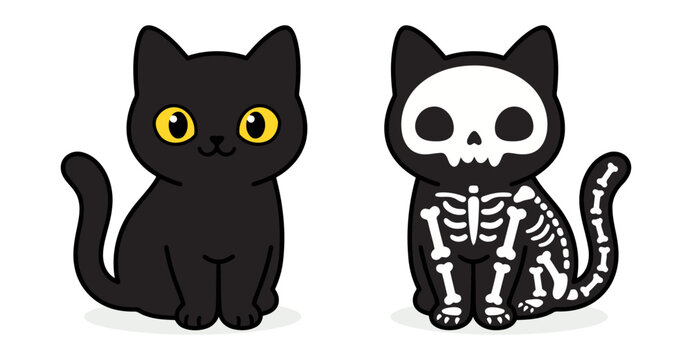 Cute black cat and a kitten with a skeleton bone costume sitting side by side as a fun Halloween graphic illustration for holiday projects