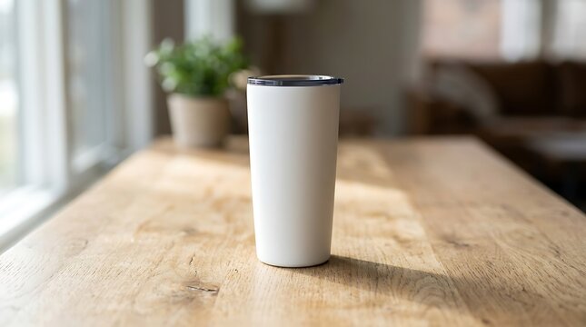 White travel mug on a wooden table in a living room isolated on white background