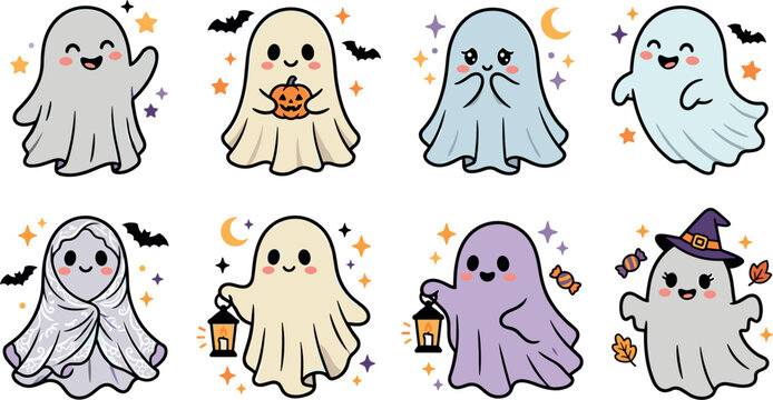 Cute Kawaii Halloween Ghost Vector Illustration Set with Floating Spooky Characters Holding Pumpkins, Vintage Lanterns, Witch Hats, and Festive Autumn Elements