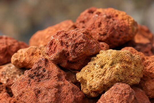 Pile of rough ochre bauxite ore samples in red and yellow, close-up with shallow focus.