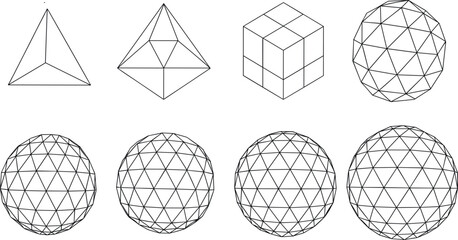 Outline vector illustration of 3D geometric shapes, platonic solids and geodesic dome spheres linear wireframe set © Puley