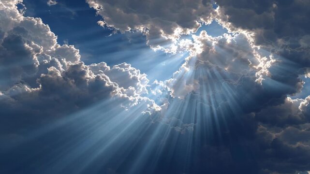 Dramatic sunbeams breaking through majestic clouds, creating a heavenly atmosphere that symbolizes divine presence, hope, faith, spirituality, peace, and heavenly light.