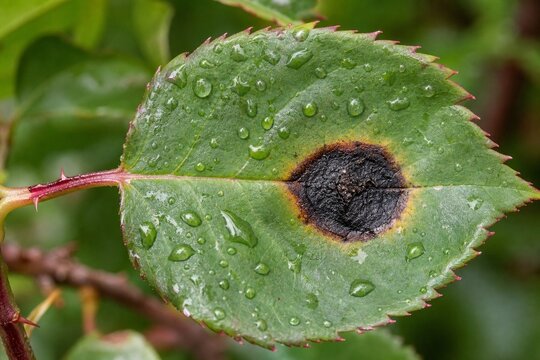 Close-up of a rose leaf with a dark canker spot and dewdrops.
