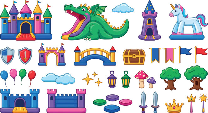 Cute fairytale amusement park vector element set with fantasy bouncy castles dragon slide unicorn ride and knight accessories