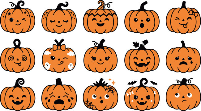 Set of cute hand drawn pumpkins with various funny faces for halloween holiday decorations and festive autumn design