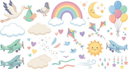 Cute pastel baby nursery vector elements set featuring stork delivery rainbow airplanes balloons and cloud icons © Md