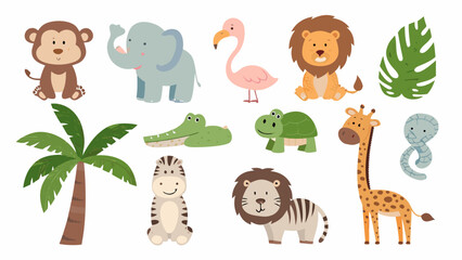 Safari animal collection featuring a monkey elephant flamingo lion and giraffe in a colorful vector illustration animals © Sampad