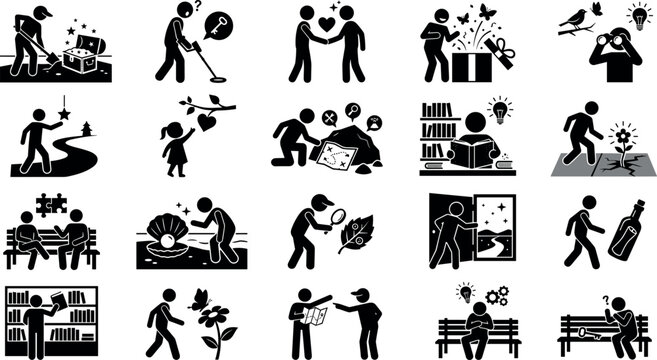 Set of stick figure icons representing discovery, exploration, learning, and finding new ideas and treasures
