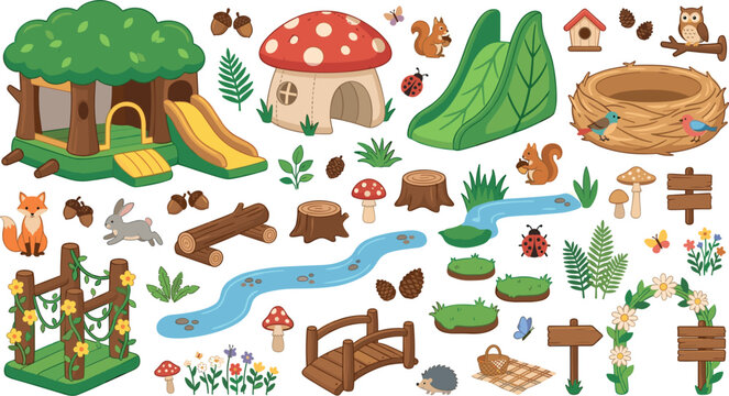 Cute woodland forest amusement park vector element set with tree house bouncy castle mushroom house slides stream and wild animals