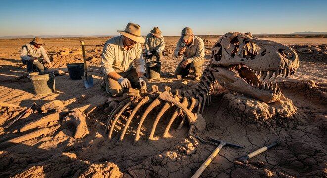 Paleontologists Excavate a T Rex Skeleton in a Desert Environment