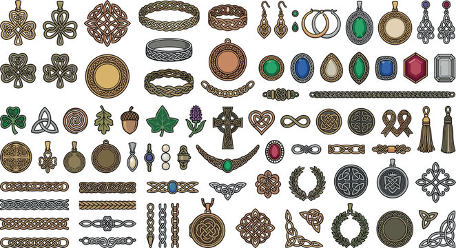 Celtic jewelry and ornaments set with traditional knots cross shamrock rings earrings pendants and colorful gemstones design vector