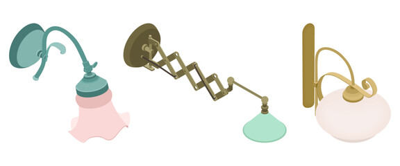 Obraz premium Collection of vintage wall lamps - hand drawn isometric vector illustration.