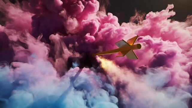 Bright yellow arrow rising through vibrant pink and blue smoke clouds