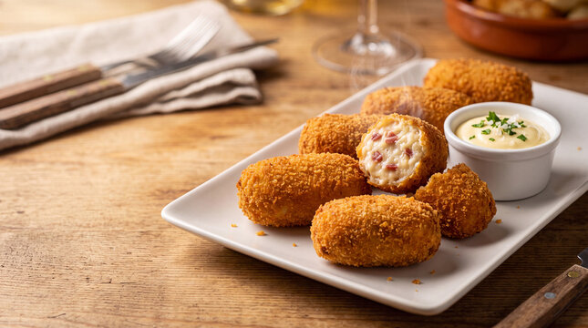 Golden Ham Croquettes with Creamy Aioli Dipping Sauce on White Plate