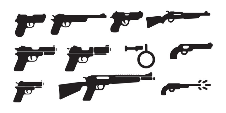 Weapon icon vector set. various gun silhouettes. pistol shotgun and rifle collection.