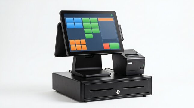 Modern Point of Sale System with Touchscreen and Cash Drawer.