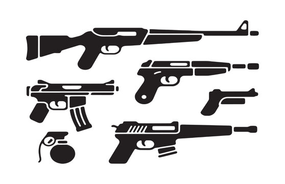 Collection of various weapons including rifle pistol grenade, black silhouette.