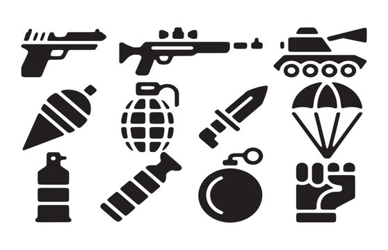 Military weapon icons set featuring firearms tank grenade and tactical equipment in silhouette style.