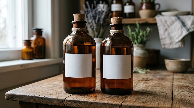 Two brown glass apothecary bottles on a rustic wooden table isolated on white background