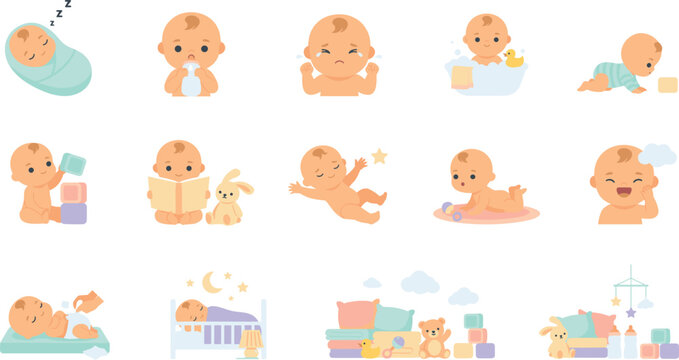 Cute baby daily routine and milestone tracking elements vector set with sleeping bathing and playing icons