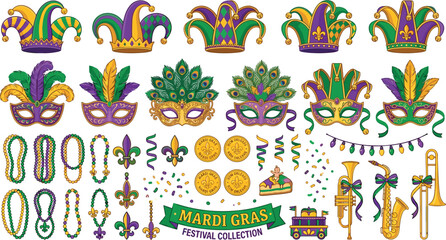 Mardi Gras festival collection vector set featuring colorful jester hats masquerade masks fleur de lis beads and jazz instruments © Md