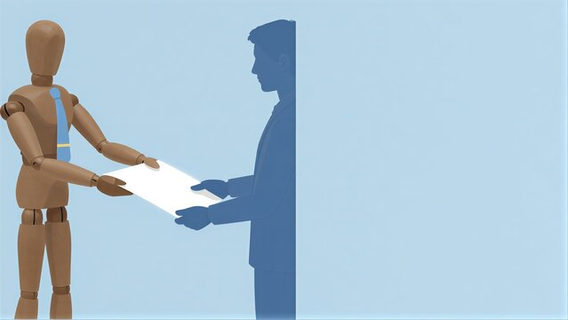 Mannequin hands over document to shadowy figure, symbolizing trust or transition.
