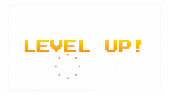 Retro gaming level up motion graphic with 8-bit pixel text and animated particle effects for video production RGB alpha in 4k video