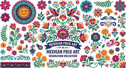 Mexican folk art decoration collection vector set with colorful traditional flowers sun birds hearts and embroidery style elements © Md