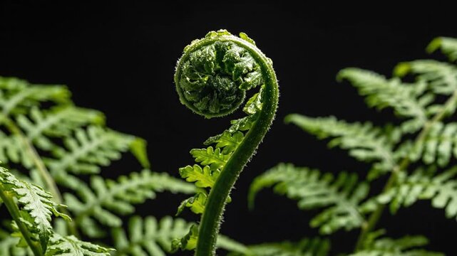 Green fern fiddlehead unfurling against dark background close-up