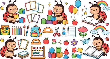 Cute kawaii ladybug back to school vector set with cartoon characters school supplies books and building blocks © MstRahima