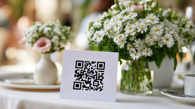 QR code displayed on a table next to a vase of white daisies and pink flowers, with plates and cutlery arranged for dining in a bright indoor setting