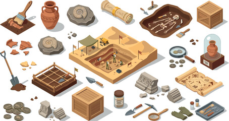 Paleontology and history research element illustrations bundle featuring excavation pits ancient artifacts gold coins scroll map and ruins © Md