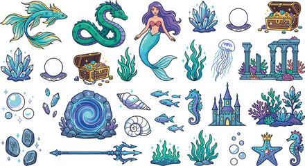 Fantasy underwater ocean life vector element set featuring mermaid sea dragon magic portal and treasure icons © MstRahima