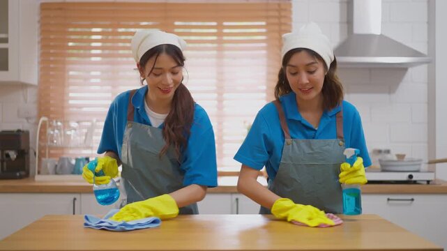Female cleaner in kitchen with glove apron spray cloth uniform teamwork cleaning wooden table bright home interior smiling during housework happy routine