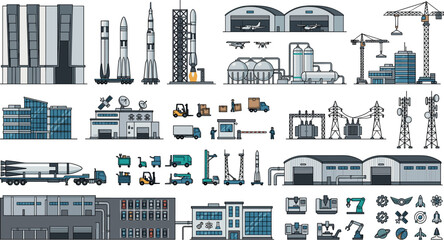 Space launch pad and rocket factory vector element set with spacecraft assembly hangars logistics transport cranes and aerospace infrastructure © Md