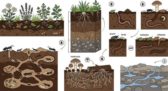Soil ecosystem vector element set showing underground layers earthworms decomposers insect burrows mushroom growth and soil water drainage infographics