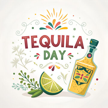 Tequila day celebration with bottle of tequila and fresh lime slice.