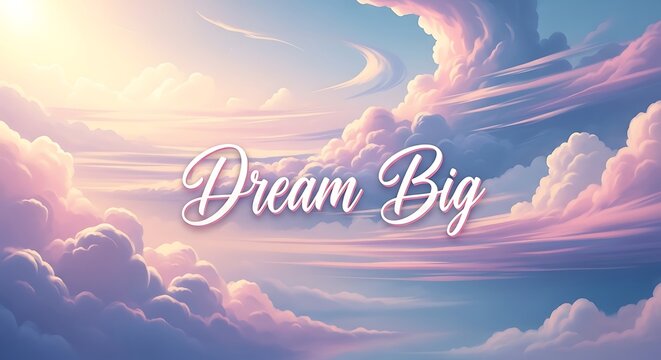 Dream big inspirational lettering on a sunset sky background with inspiration