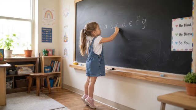 Elementary Girl Writing on Blackboard from Behind Classroom Education Scene