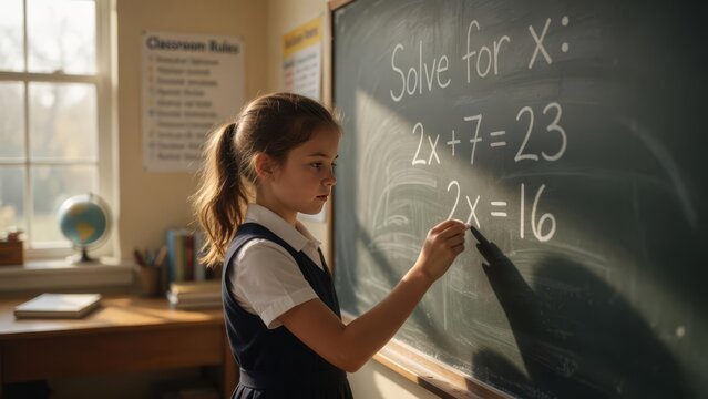 Elementary Girl Solving Math Equation on Blackboard Classroom Education Scene