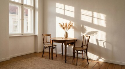 Fototapeta premium Minimalist dining area with wooden table chairs and pampas grass vase