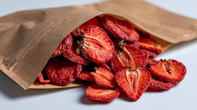 Dried strawberry slices packaged in a sustainable brown kraft paper pouch on a clean white background, colorful fruit pieces carefully arranged beside the bag, organic freeze dried snack in environm