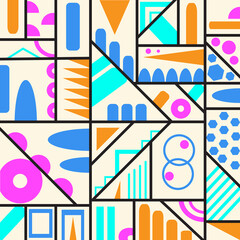 Obraz premium Colorful abstract geometric background featuring modern shapes, bold black lines, vibrant blue, orange, cyan and magenta elements on a light cream background. Suitable for branding, posters, packaging