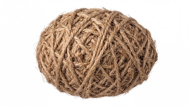 Large rustic brown ball made of natural woven jute rope isolated on white background