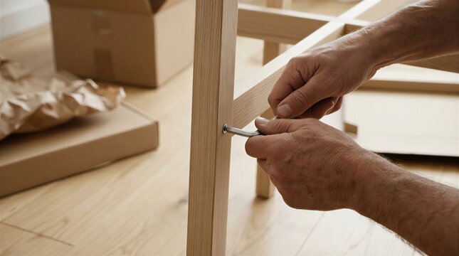 Close up of hands tightening screw on wooden chair with hex key