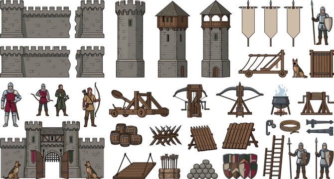 Medieval castle siege and fortress defense vector element set with stone walls towers soldiers catapults trebuchets and military fortifications